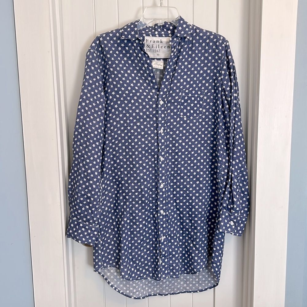 Rare Frank and Eileen Mary Linen Shirt Dress Blue Chambray White Stars Size XS